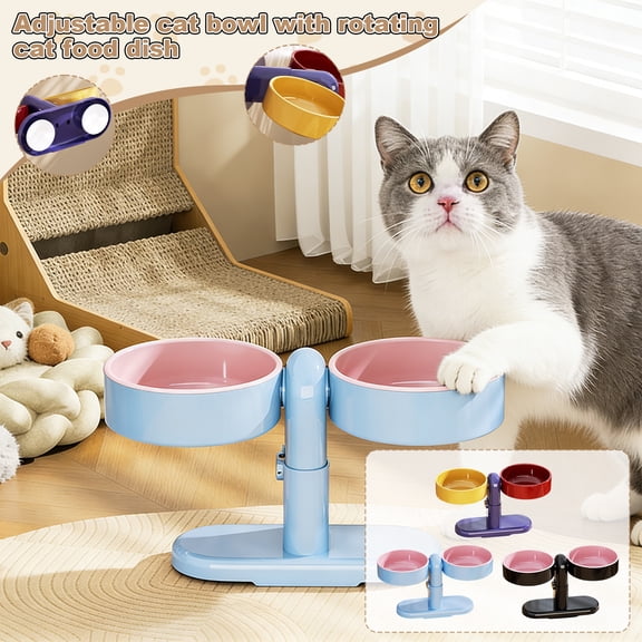 Cat Bowl - Elevated Cat Bowl Adjustable Height Rotating Pet Food Bowl Non-Slip Large Capacity Water Dish Raised Feeder Stand for Neck Protector Cat Dining Station Black