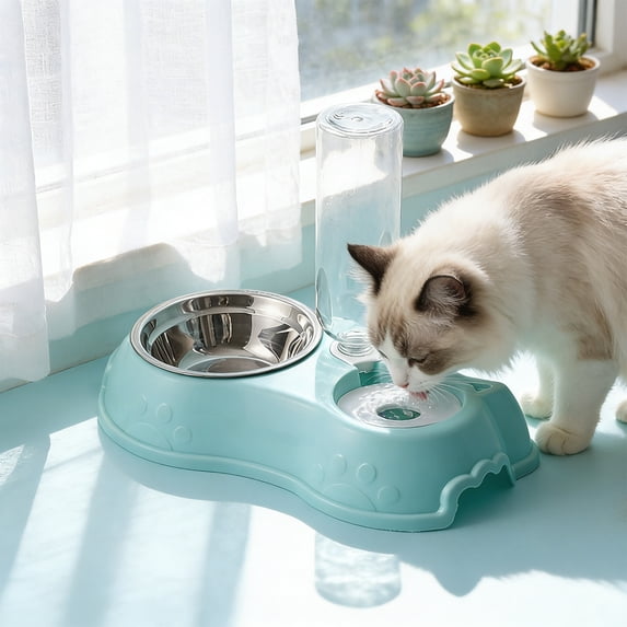 Cat Bowl Stainless Steel Auto Water Dispenser 2-in-1 Gravity Refill No Daily Top-Up for Small Medium Pets by MPOISVA