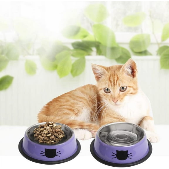 Cat Bowls for Food and Water, 2PCS Non-Slip Stainless Steel Small Cat Food Bowls 8 Oz Pet Bowl with Removable Rubber Base Cat Dog Bowl,Stackable Cat Puppy Dishes Cat Bowls with Cute Cat Painted