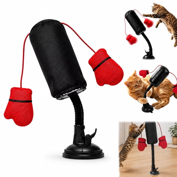 Cat Boxing Toy with Suction Cup Base - 13.78 Inch Spring Loaded Punching Bag with Red Gloves for Indoor Cats