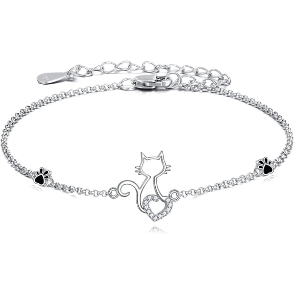 Cat Bracelet 925 Sterling Silver Heart Link Chain Bracelet Black Paw Jewelry Gifts For Women Cat Lover (Cat)