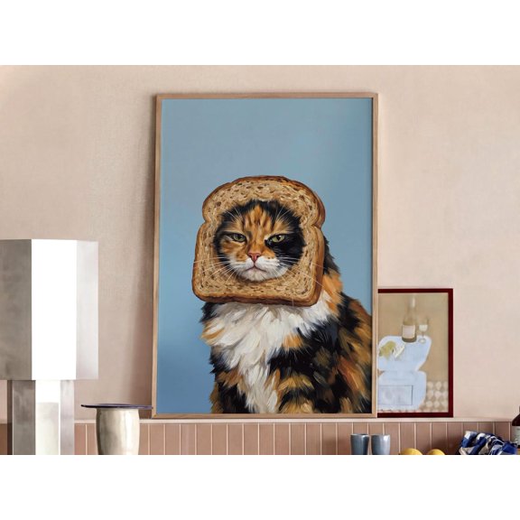 Cat Bread Art Print Quirky Kitchen Decor Calico Cat Portrait Decor Pet Portrait Whimsical