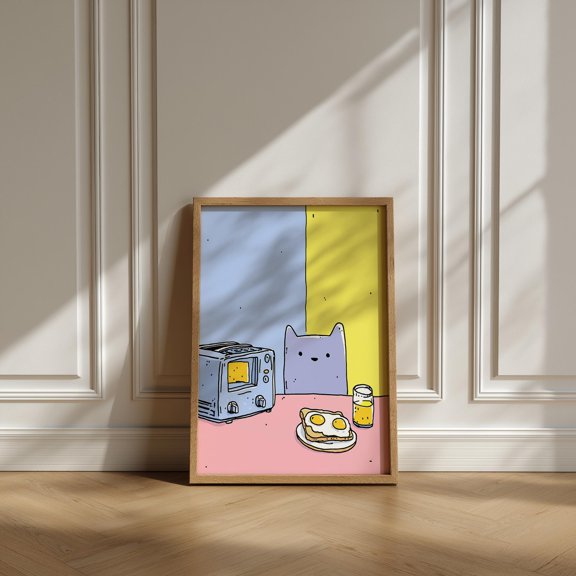 Cat Breakfast Poster Minimal Cartoon Poster Kitchen , Poster Print Only