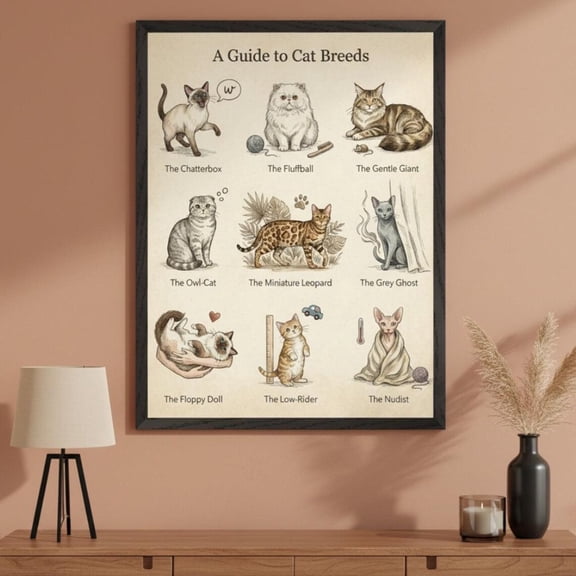 Cat Breed Guide Vintage Style Wall Art Feline Breed Chart Educational Decor, Unframed Paper Poster 8x10in