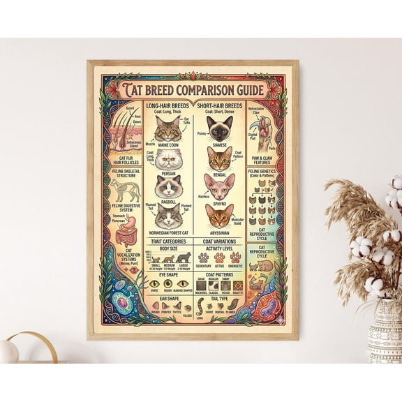 Cat Breeds Comparison Chart Wall Art Print, Unframed Paper Poster 11x14in