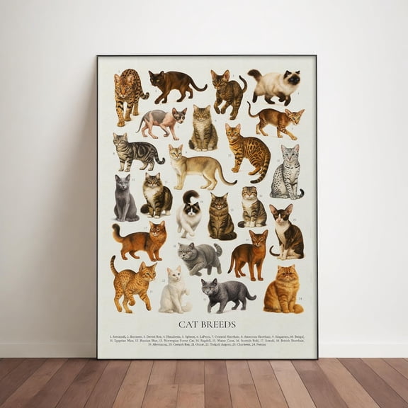 Cat Breeds Retro Chart Wall Art Print, Unframed Paper Poster 8x10in