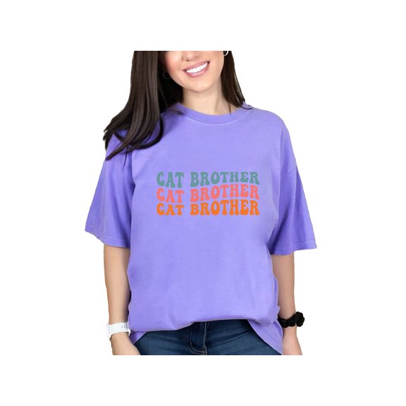 Cat Brother, Cat Lover or Owner Brothers Themed, Groovy Retro Wavy Text, Violet Comfort Colors T-Shirt, Medium
