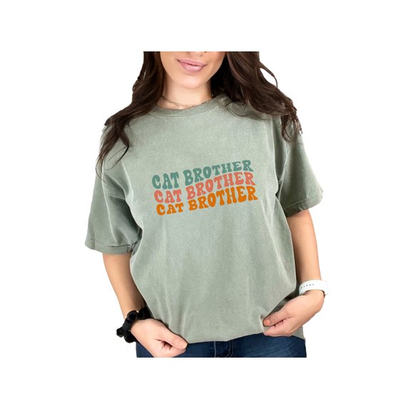 Cat Brother, Cat Owner or Lover Brothers Themed, Groovy Retro Wavy Text, Moss Comfort Colors T-Shirt, 3XL
