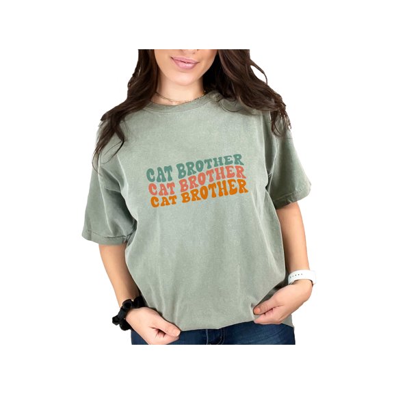 Cat Brother, Cat Owner or Lover Brothers Themed, Groovy Retro Wavy Text, Moss Comfort Colors T-Shirt, Medium