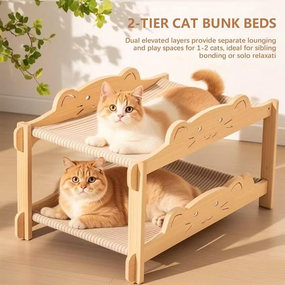 Cat Bunk Beds Double-Decker, 2-Tier Elevated Cat Hammock Bed, Sturdy Pine Wood Pet Furniture for Indoor Cats & Small Dogs (Wooden, Large)