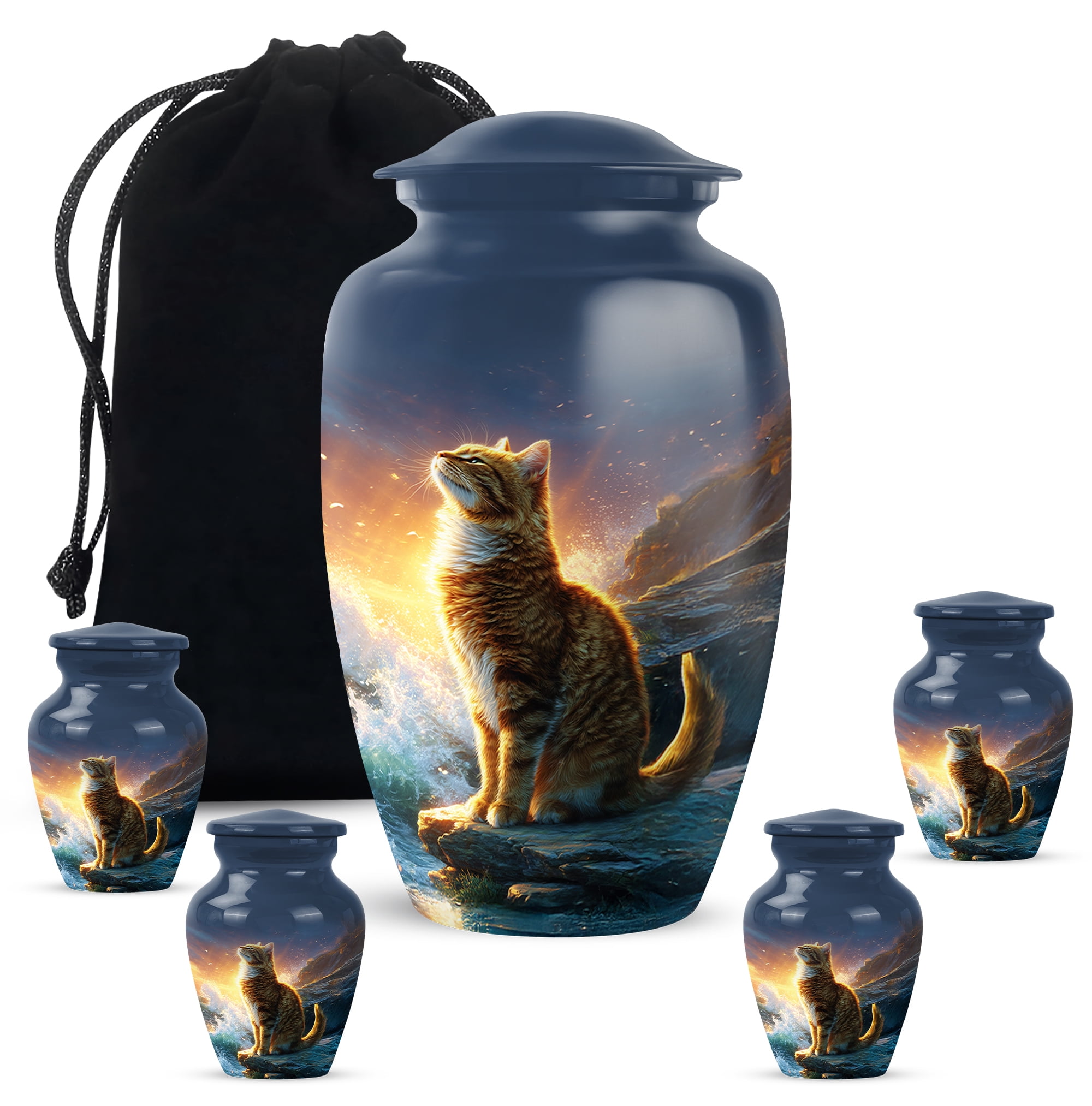 Cat Burial Urn For Ash For Women - Blue Urns For Human Ashes - Funeral Urns For Human Ashes Adult - Small Cremation Urn For Adult Mother & Father, 1 Large 10 Inch, 4 Keepsake Set