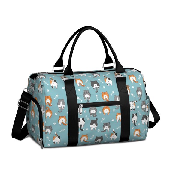 Cat Butt and Fishbone Blue Pattern Gym Bag with Shoe Compartment, Weekender Bag with Wet Pocket and Trolley Sleeve, Lightweight Gifts Ideas for Family Friends,17.3 X 11.8 X 7.5 Inches