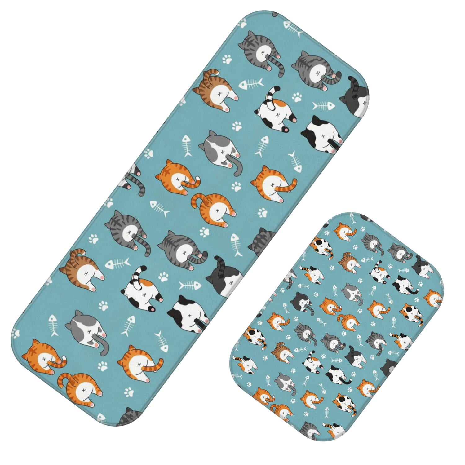 Blue Fishbone Pattern Cat Butt and Fishbone Blue Pattern 2 Piece Flannel Bathroom Rug Set ...