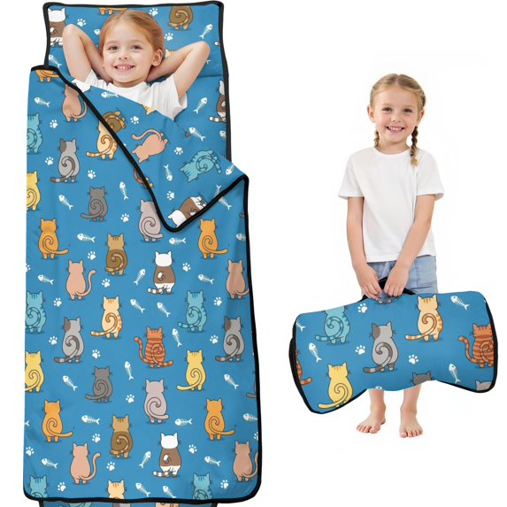Cat Butt and Fishbone Blue Pattern Teens Toddler Nap Mat with Pillow, Sleeping Mat Bag for Preschool Daycare 59"x22"