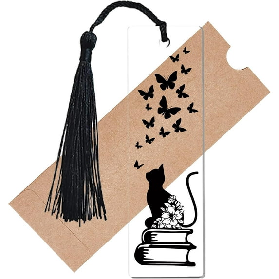 Cat Butterfly Bookmarks Clear Acrylic Bookmarks with Black Tassels Transparent Rectangle Book Markers Tag for Office School Students Book Lovers Supplies Graduation Gift 1.3 x 4.6Inch
