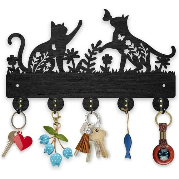 Cat Butterfly Flower Coat Hooks Wall Mount Floral Cat Wood Key Holder for Wall 11.8×7.9inch Black Animal Wall Art Decor Key Hooks 5 Alloy Hooks for Gift Entryway Living Room Kitchen Office