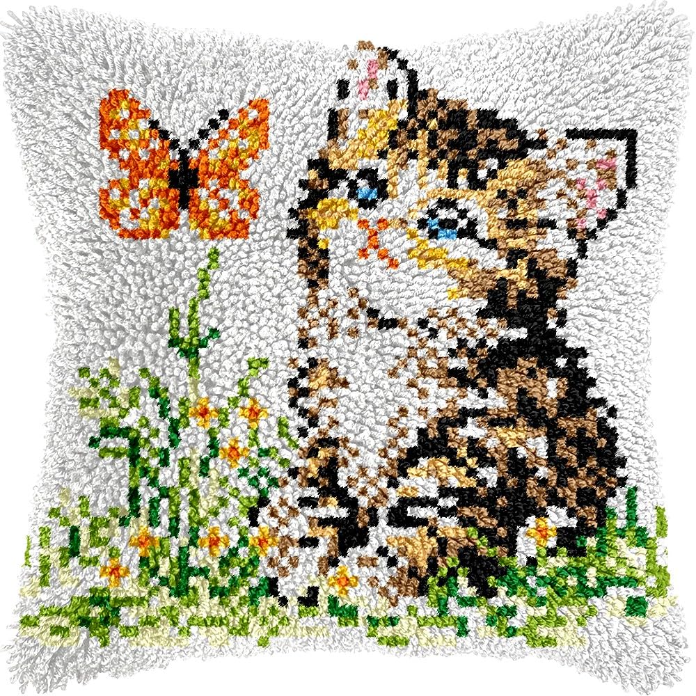 Cat & Butterfly Latch Hook Kits Pillow kits Cushion Throw Pillow Embroidery Craft Kits DIY Kits of DIY Hooking Pillowcase Cover Supplier with Color Printed Canvas 43x43cm (139)