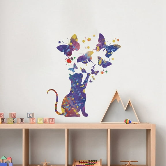 Cat and Butterfly Wall Decals,Purple Glitter Galaxy Wall Decor,Removable Butterfly Wall Decals Stickers Decor Birthday Gifts for Boys Girls Kids Bedroom Decor Nursery Room Home Decor