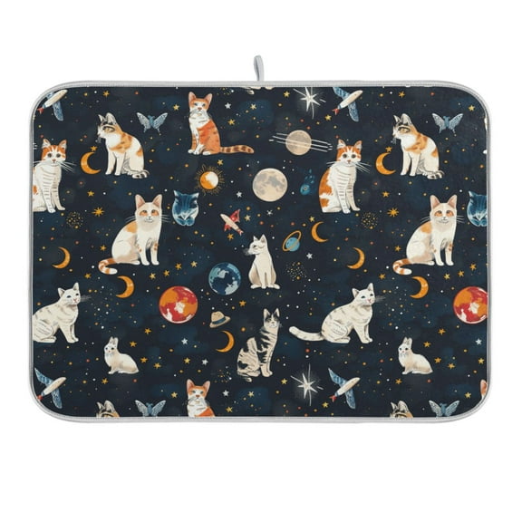 Cat Butterfly in Space Dish Drying Mat 16x18 Absorbent Microfiber Draining Rack Pad for Kitchen Counter Sink