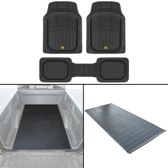 Cat CAMT-9013 (4-Piece Set) Deep Dish Rubber Truck Floor Mats, Universal Trim to Fit Front & Rear Combo with Truck Bed Mat Liner, Heavy Duty All Weather