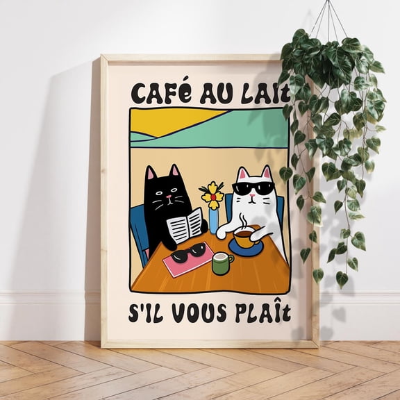 Cat Cafe Au Lait Retro Diner Coffee Kitchen Wall Decor, Unframed Paper Poster 8x10in