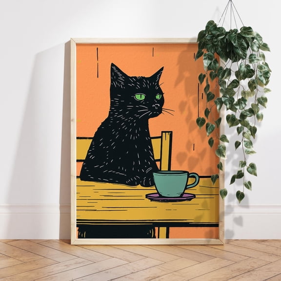 Cat Cafe and Coffee Retro Diner Kitchen Wall Picture, Unframed Canvas 16x20in