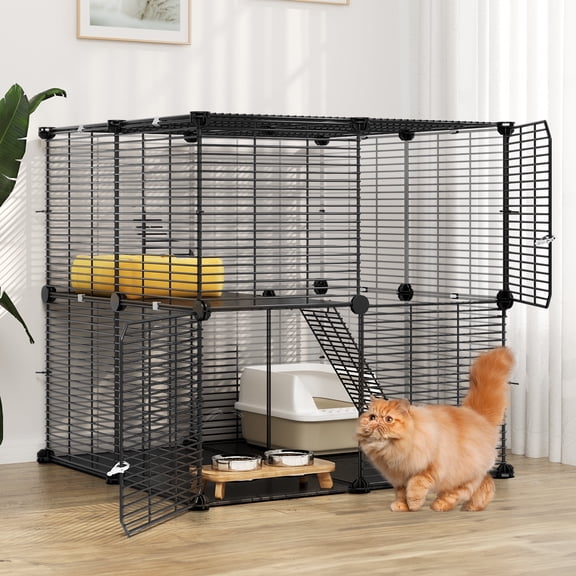 Cat Cage 2 Tier Indoor Cat Enclosures Kitten Cage DIY Pet Playpen Metal Kennel for 1-2 Cats, Ferret, Chinchilla, Rabbit, Small Animals, Kitty, Squirrel, RV Travel, Camping