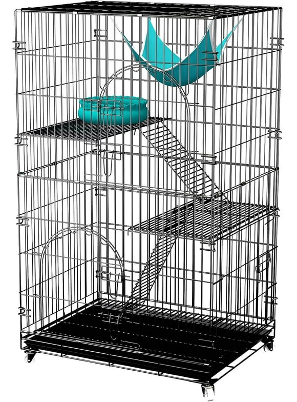 Cat Cage 3-Tier 46" Collapsible Metal Kitten Ferret Cage 360° Rotating Casters Enclosure Pet Playpen with Ramp Ladders Hammock (Black)