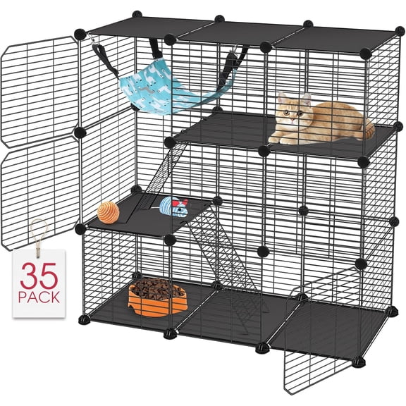 Cat Cage, 3-Tier DIY Catio Cat Enclosures, 24" x 16" x 36" Cat Playpen Indoor & Outdoor with Hammock, Detachable Metal Wire Kennel Cats Crate, 2x1x3 Exercise Place for 1-2 Kitten