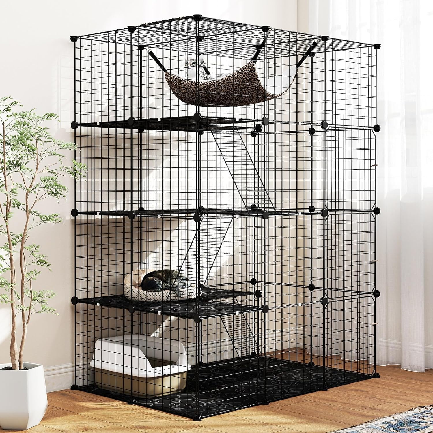 Cat Cages Indoor, 56" Large 4-Tier Cat Enclosure with Skylight, Hammock, 3 Ladders, Detachable Metal Wire Kennel with 4 Lockable Doors, DIY Cat Crate & Pet Playpen Catio for 1-4 Cats