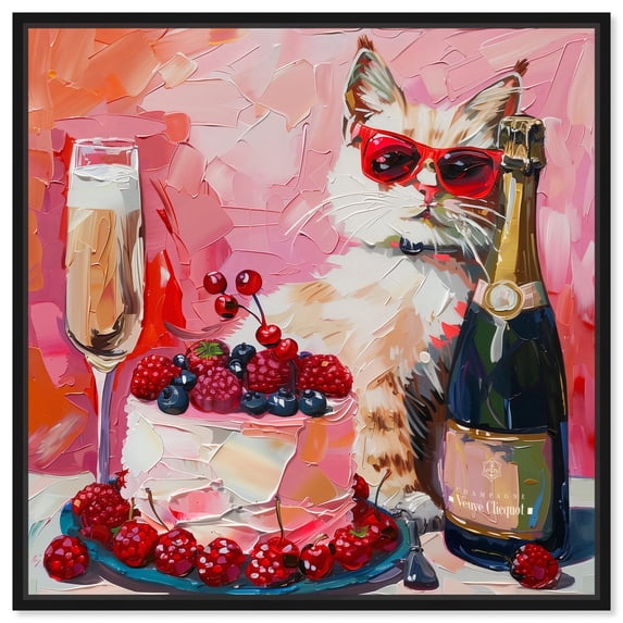 Cat Cake Party Canvas Trendy Kitchen Art by Art Remedy, Black Frame, 16" x 16"