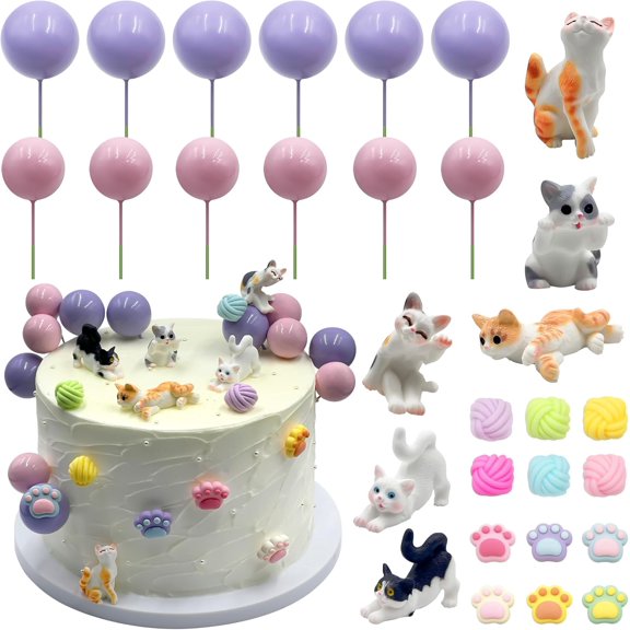 Cat Cake Topper Cat Paw Cake Toppers Cat Cake Decorations Cats Themed Cupcake Decor Mini Cats Figurines Wool Ball Cake Toppers for Birthday Baby Shower Party
