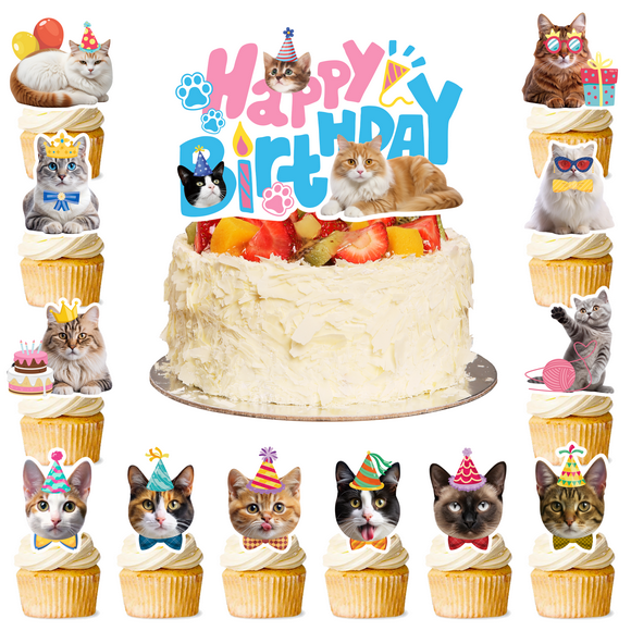 Cat Cake Toppers, 24 Pcs Cat Cupcake Toppers Kitten Theme Cupcake Topper + 1 Pcs Cat Birthday Cake Topper Cat Cake Decorations for Cat Birthday Decorations