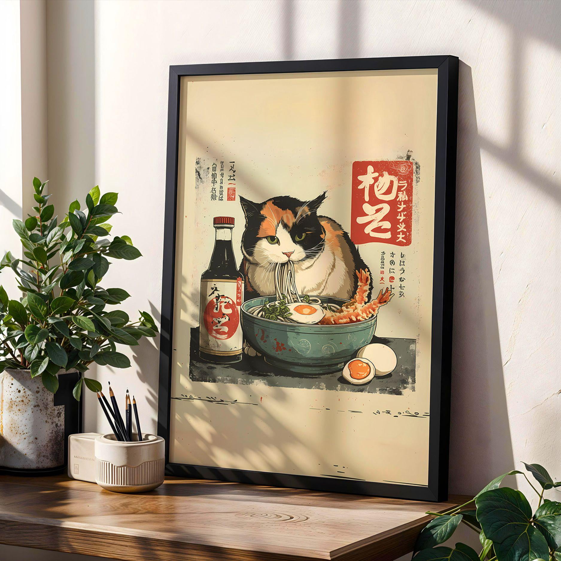 Cat Calico Tempura Ramen Japanese Noodle Art Retro Kitchen Tokyo Edo ...