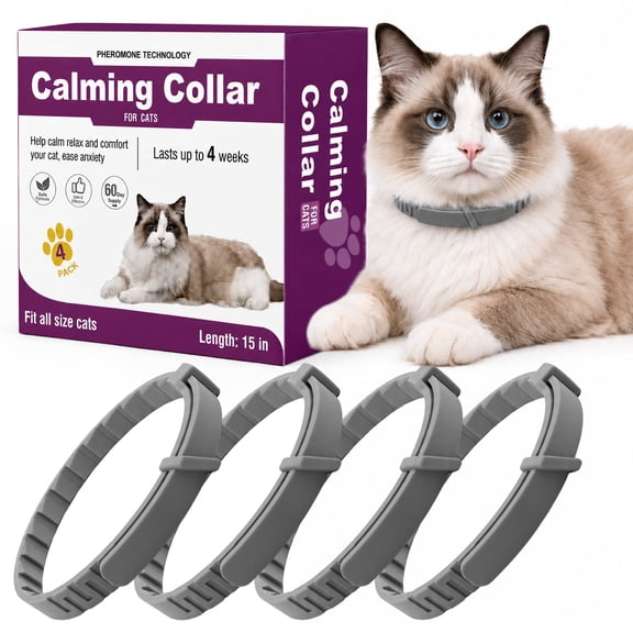 Cat Calming Collar 4 Pack, Adjustable Pheromone Calming Collars for Cats, Waterproof Anxiety Relief Collar for Stress, Breakaway Design, Fits Cats, Small Dogs and Puppies, ( Grey,Small)