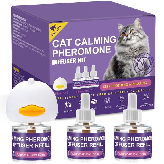 Cat Calming Diffuser-Cat Pheromone Diffuser for Stress,Pee Spraying,Cat Fighting,Aggression,Excessive Meowing & Scratching,Easy to Use – (1Diffusers + 3 Refills)