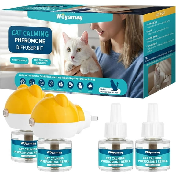 Cat Calming Diffuser 6-Piece Kit: 2 Plug-Ins + 4×48ml Refills, 120-Day Stress Relief Suitable for multi-cat homes; ensures 120 days of continuous comfort.