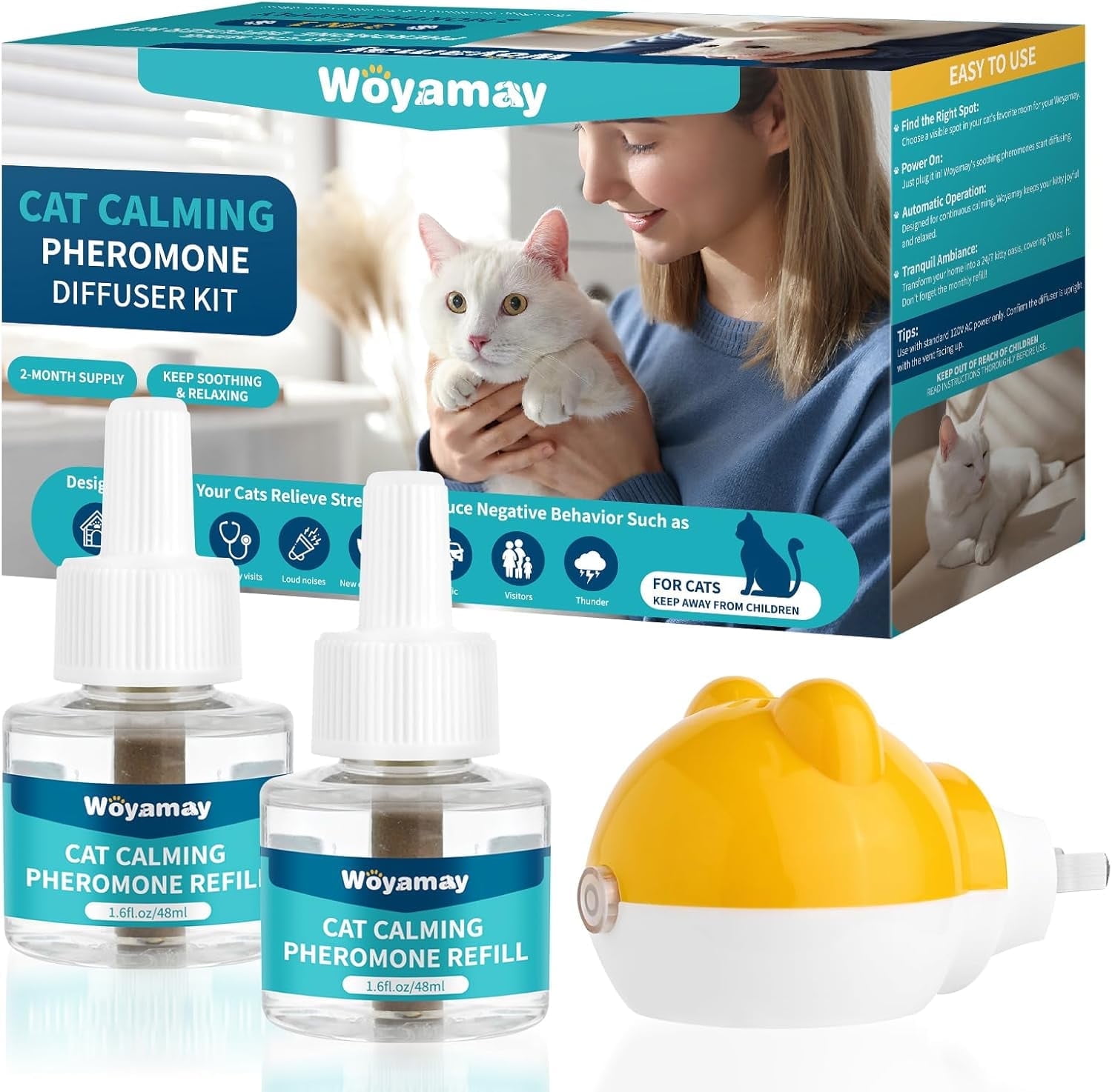 Cat Calming Diffuser Kit: 1 Plug-In + 2×48ml Refills, 60-Day Pheromone ...