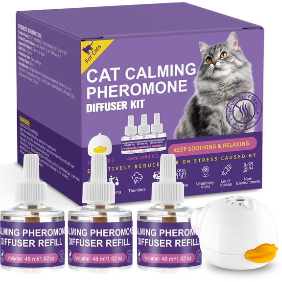 Cat Calming Pheromone Diffuser Kit  1 Diffuser + 3 Refills (48ml Each), Natural Stress & Anxiety Relief for Cats & Kittens, Reduces Spraying, Scratching & Hiding