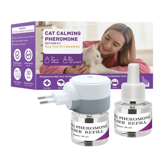 Cat Calming Pheromone Diffuser Kit, 3-In-1 Relaxing Pheromone Solution With Electric Heated European Plug Diffuser And 2 Refills (48Ml*2) To Relieve Stress Anxiety, Reduce