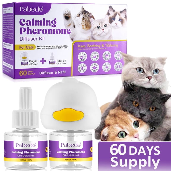 Cat Calming Pheromone Diffuser Kit, for Multi-Cat Homes, Cat Home Alone, Help Relax Cats & Reduce Anxiety, Plug-in Diffuser with 2 Refills, Up to 60 Days Supply