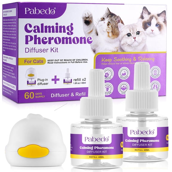 Cat Calming Pheromone Diffuser Kit, for Multi-Cat Homes, Cat Home Alone, Help Relax Cats & Reduce Anxiety, Plug-in Diffuser with 2 Refills, Up to 60 Days Supply