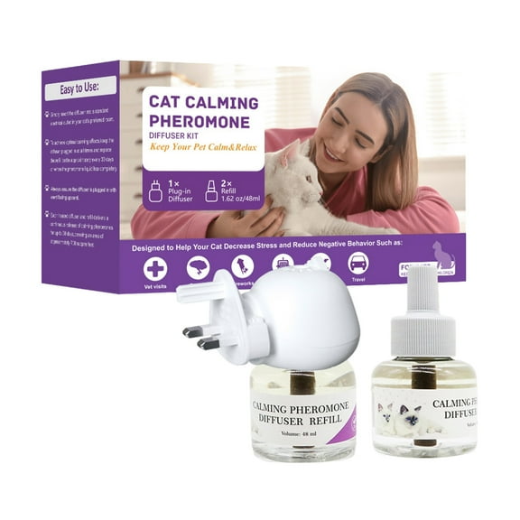 Cat Calming Pheromone Diffuser Set With 2 Refills, Electric Heated Plug-In Diffuser For Cat Stress Relief, Anti-Urine Marking, Suitable For Cats - Uk Plug