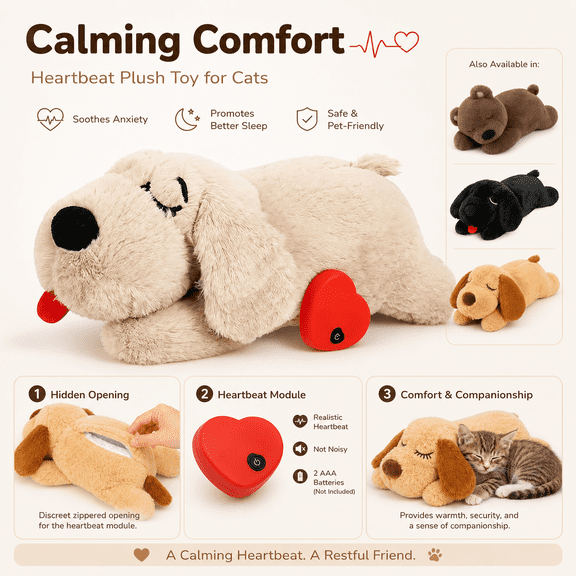 Cat Calming Toy with Heartbeat, Cuddly Plush Sleeping Animal with Removable Heartbeat Module, Comfort Toy for Kittens, Indoor Cats, Pet Beds and Carriers