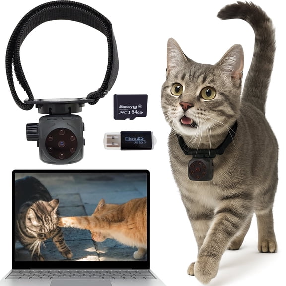 Cat Camera Collar 1080p Pet Collar Camera with 64gb Sd Card Wireless Mini Sport cam with Infrared Night Vision Functionality