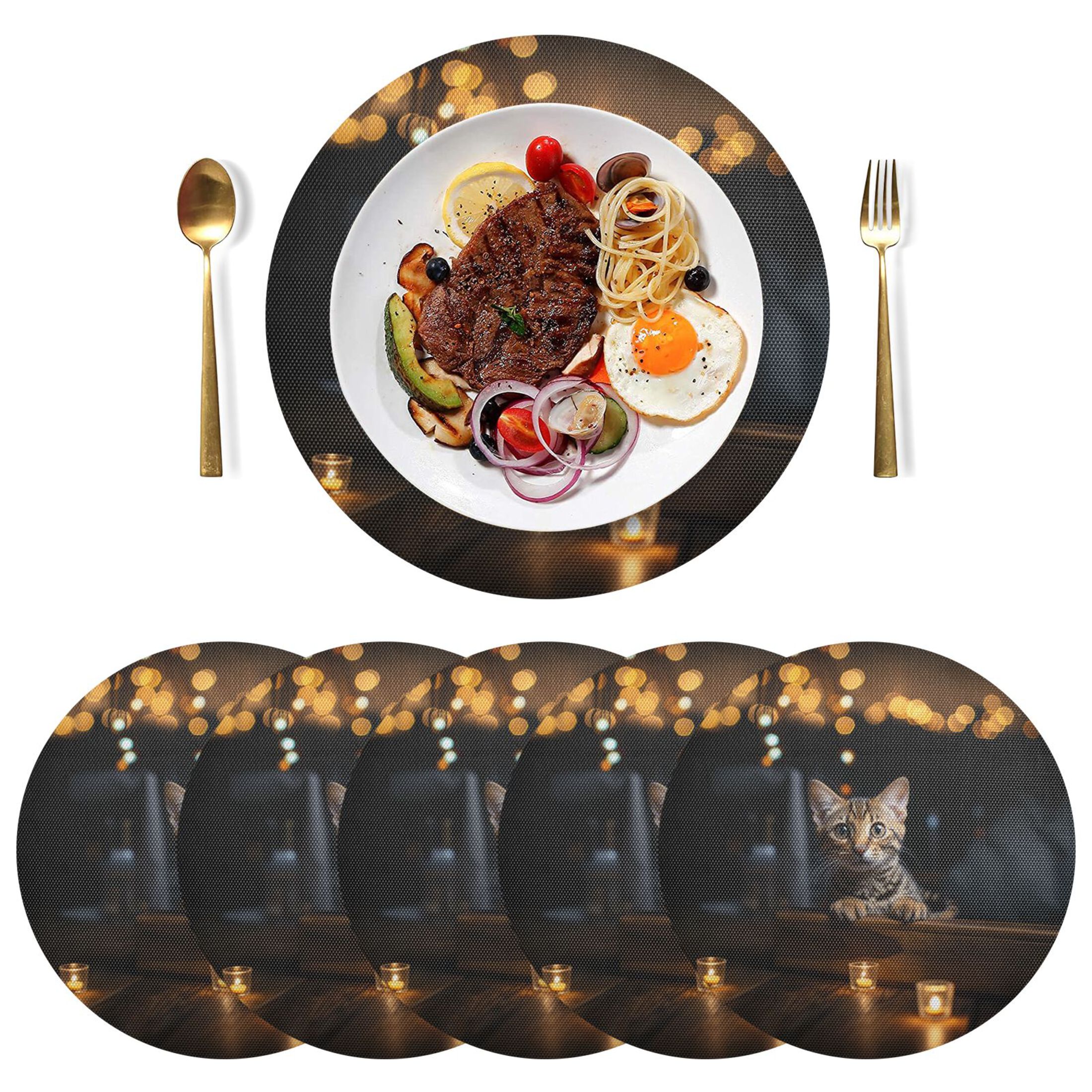 Cat Candles and Lambs Black Round Placemats Plate Mats 15 Inch NonSlip
