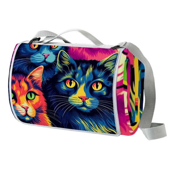 Cat Canvas Picnic Blanket Waterproof Outdoor Extra Large for Family Beach Hiking Camping - Foldable and Portable Mat with Carry Handle - Durable, Easy to Clean, Lightweight.