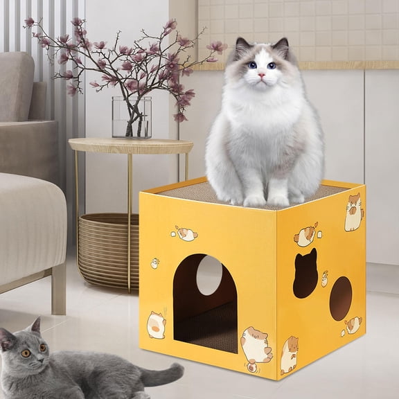 Cat Cardboard Scratcher, Cat Cardboard House with Scratch Pads Cat Box Cats Bed for Indoor, Hideout for Cat Rabbit Bunny Yellow L