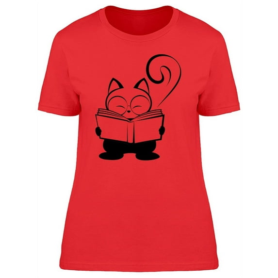 Cat Caricature Reading Book T-Shirt Women -Image by Shutterstock, Female Medium