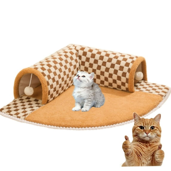 Cat Carpet Tunnels for Indoor Cats, 2-in-1 Funny Plush Plaid Checkered Cat Round Tunnel Bed, Cat Tunnel Carpet, Leisure Cat Tunnel Bed, Detachable Washable (Coffee, Large)